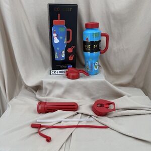 Coldest Limitless Ultra Bottle Mr. Snowie 36 oz Tumbler Blue Red Winter 3 Lids